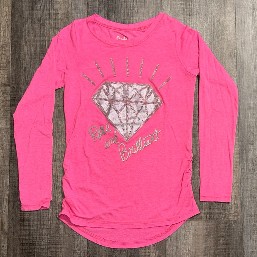 💞 Little Girls Size Medium Pink Glittery “Rare And Brilliant” Long Sleeve Tee